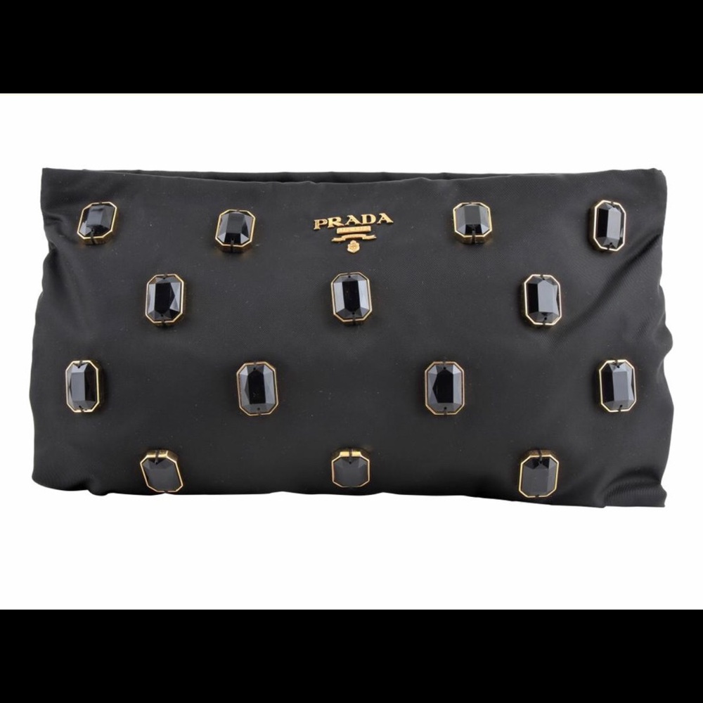 PRADA Black Tessuto Pietre Jeweled Nylon Clutch
